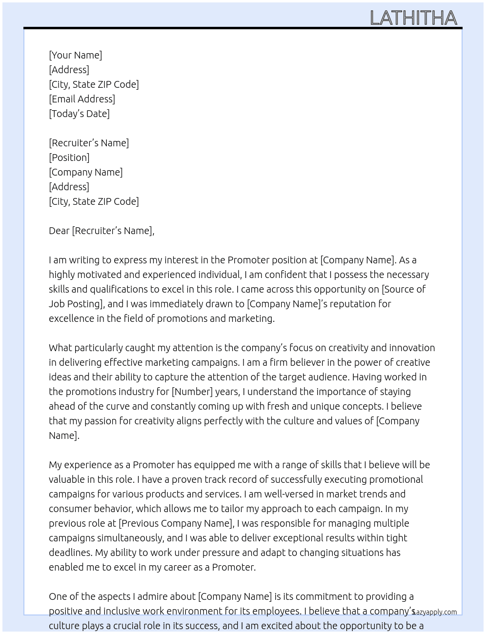 Promoter  At Promotion agency Cover Letter
