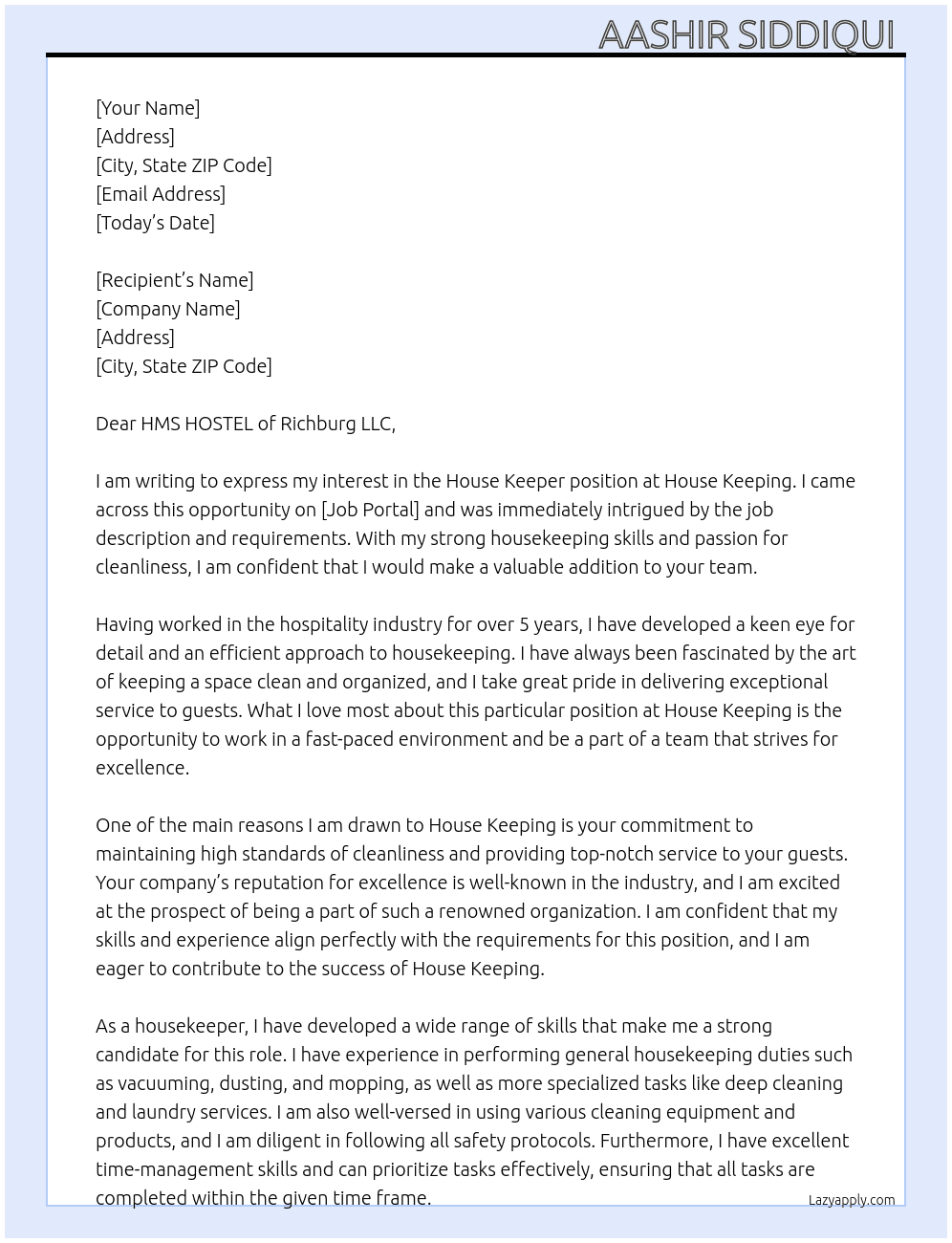 House Keeper  At House Keeping Cover Letter