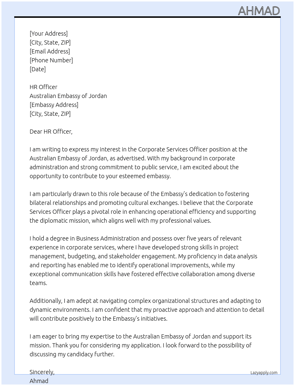 Cover letter for corporate services officer - LazyApply