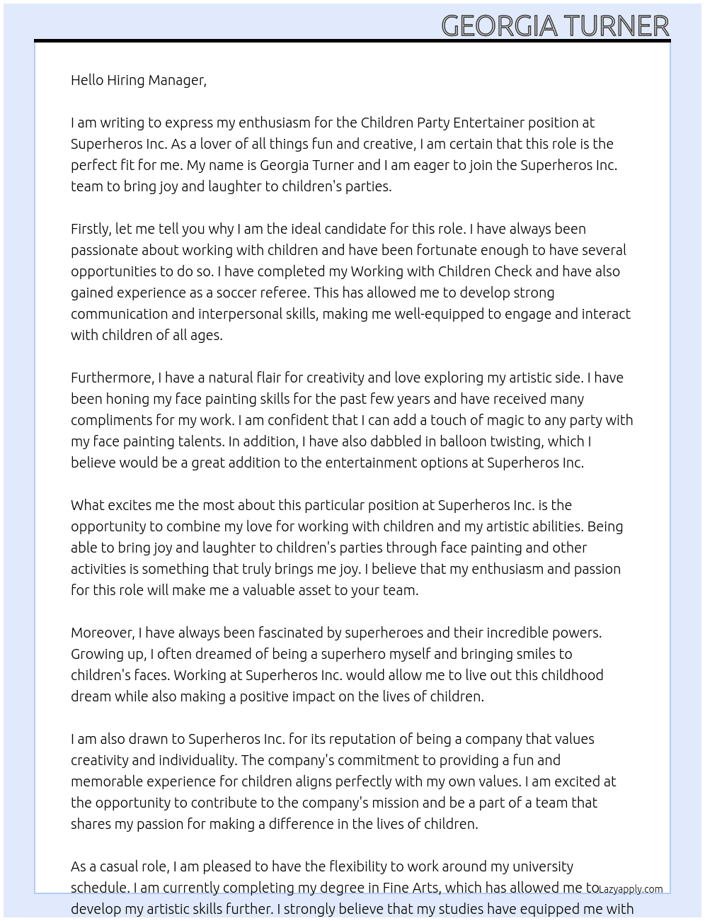 children party entertainer At Superheros Inc. Cover Letter