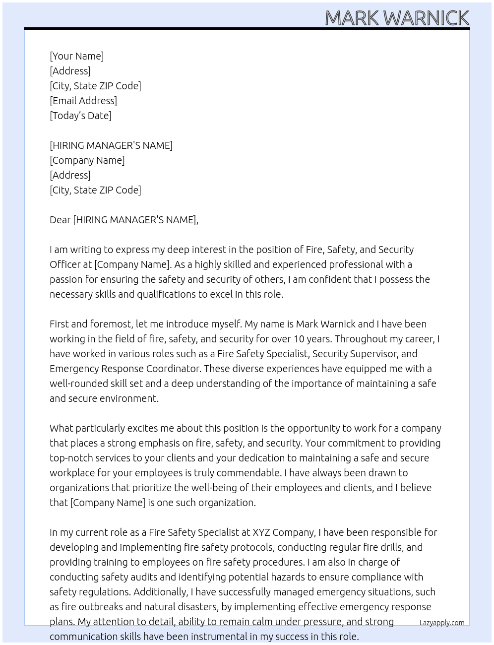 Fire, Safety and Security Officer At Fire, Safety and Security Officer Cover Letter