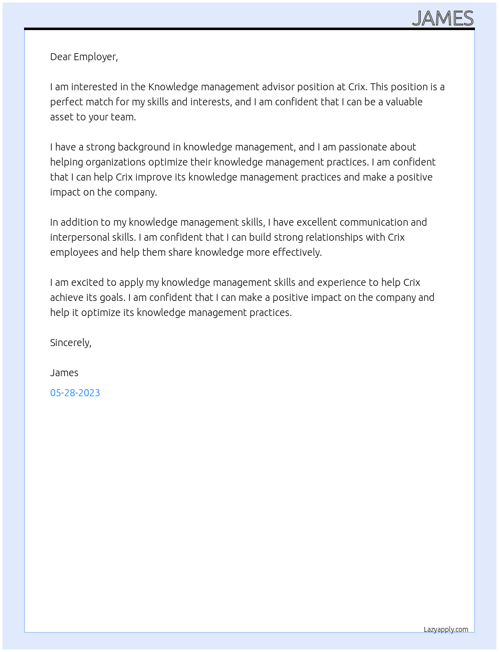 Knowledge management advisor At Crix Cover Letter