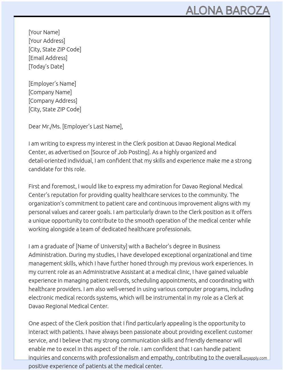 Clerk At Davao Regional medical center Cover Letter