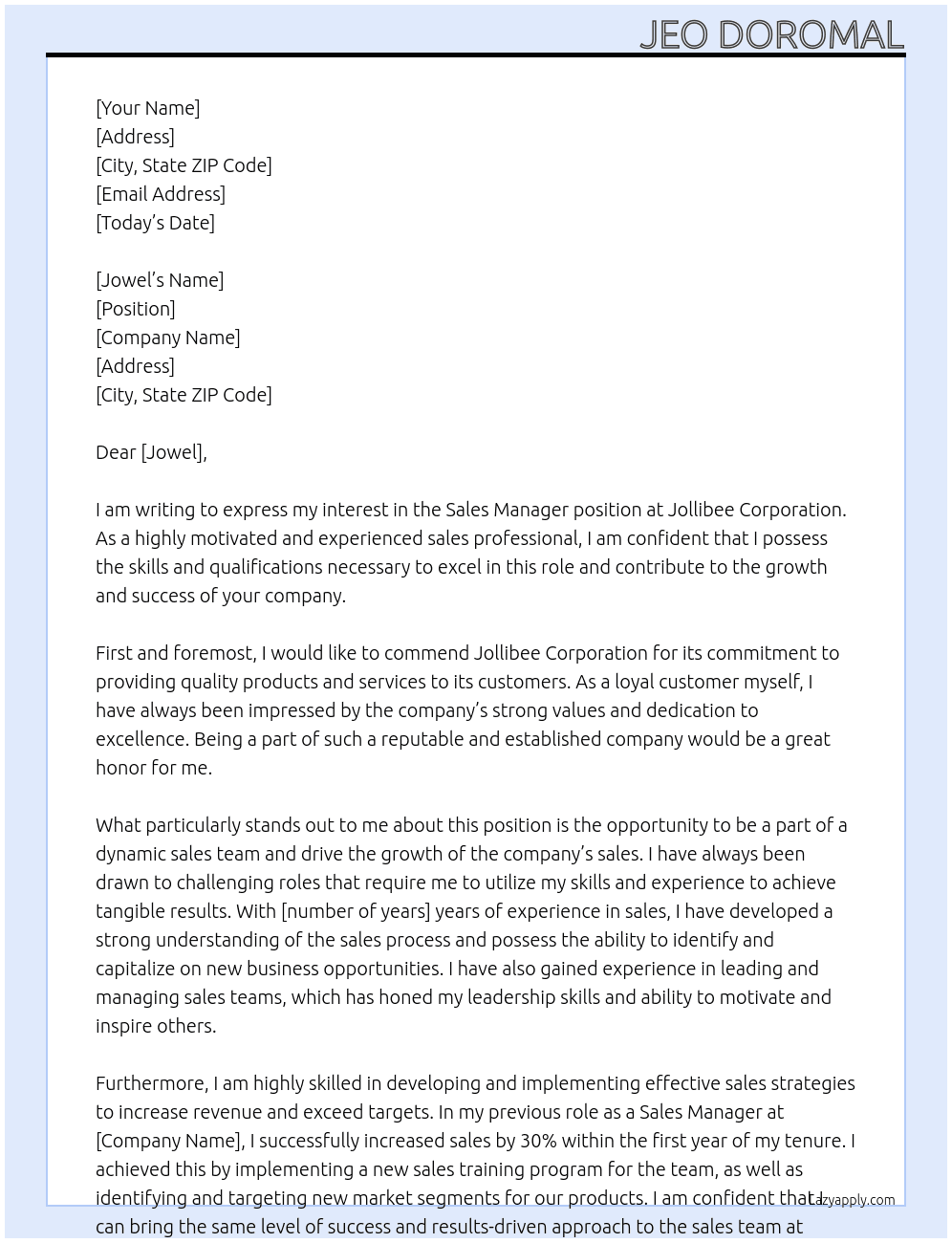 Sales manager  At Jollibee corporation  Cover Letter
