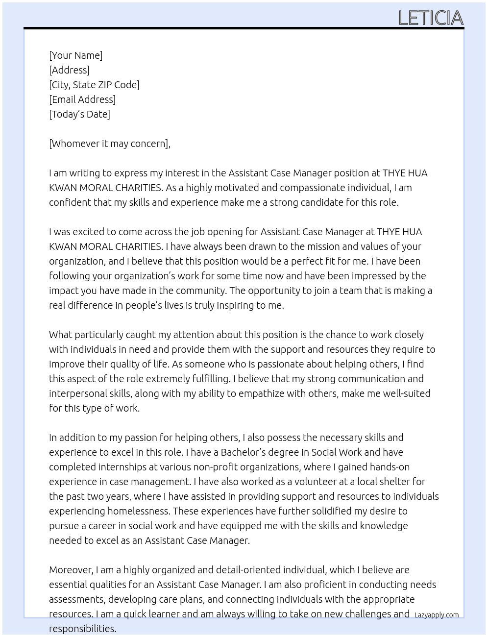 Assistant case manager  At THYE HUA KWAN MORAL CHARITIES  Cover Letter