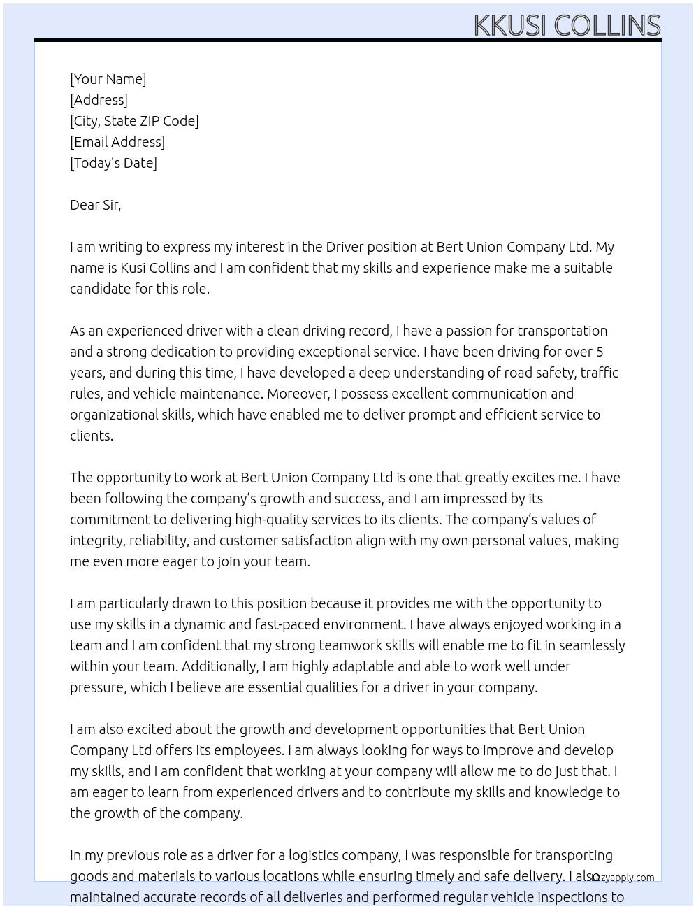 DRIVER At BERT UNION COMPANY LTD  Cover Letter