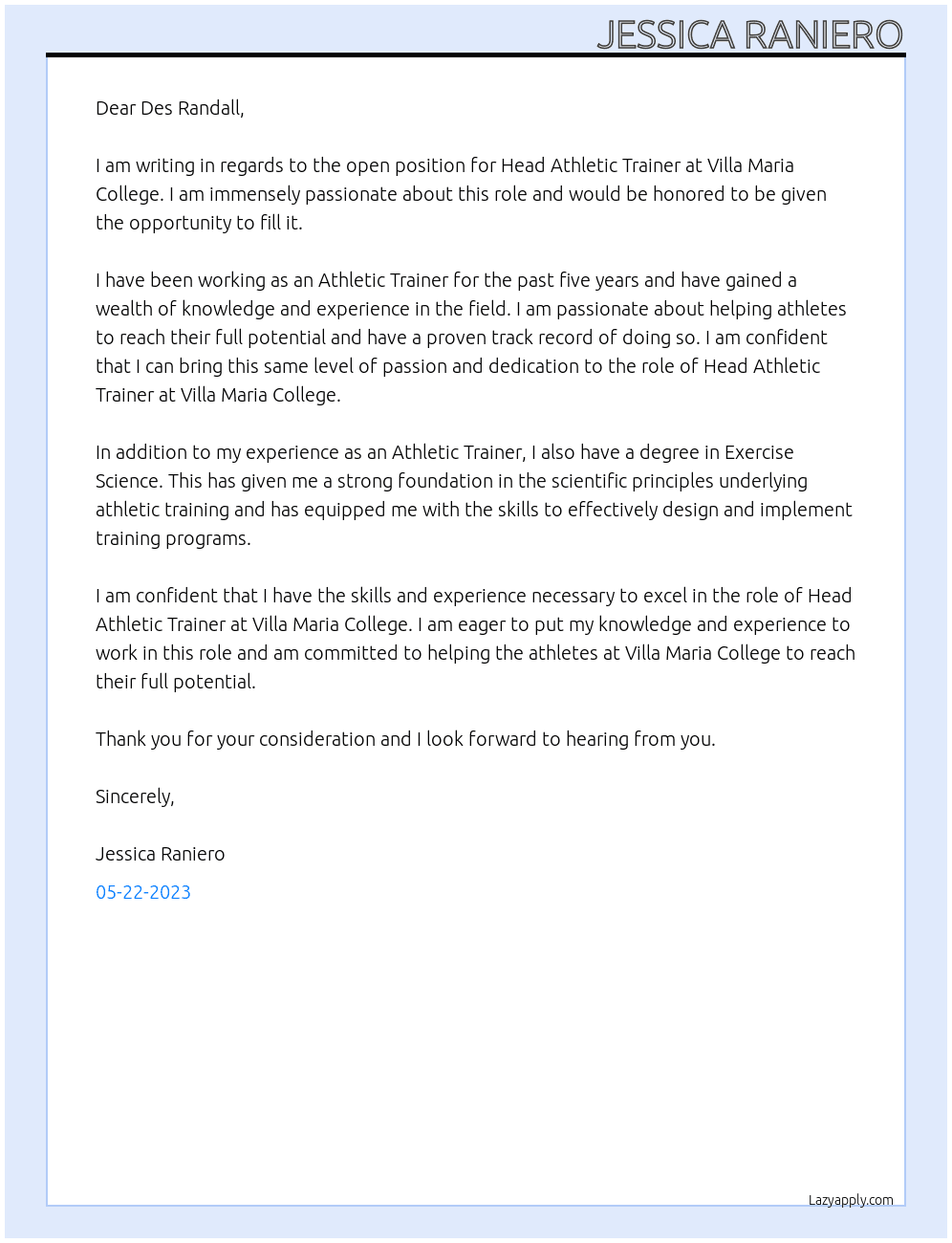 Head Athletic Trainer At Villa Maria College Cover Letter