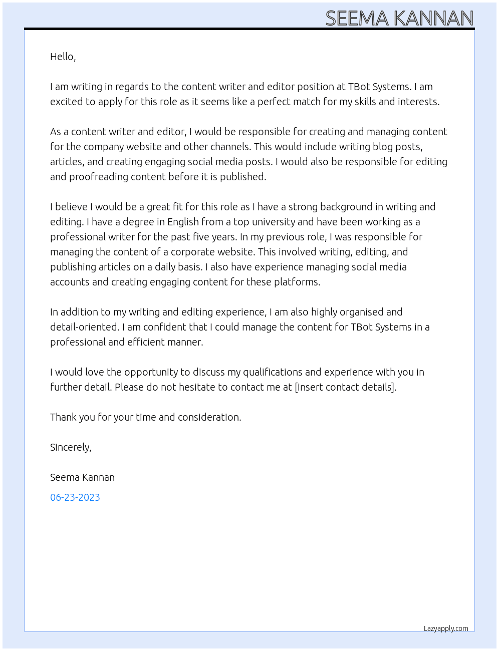 Contenet Writer and Editor At TBot Systems Cover Letter