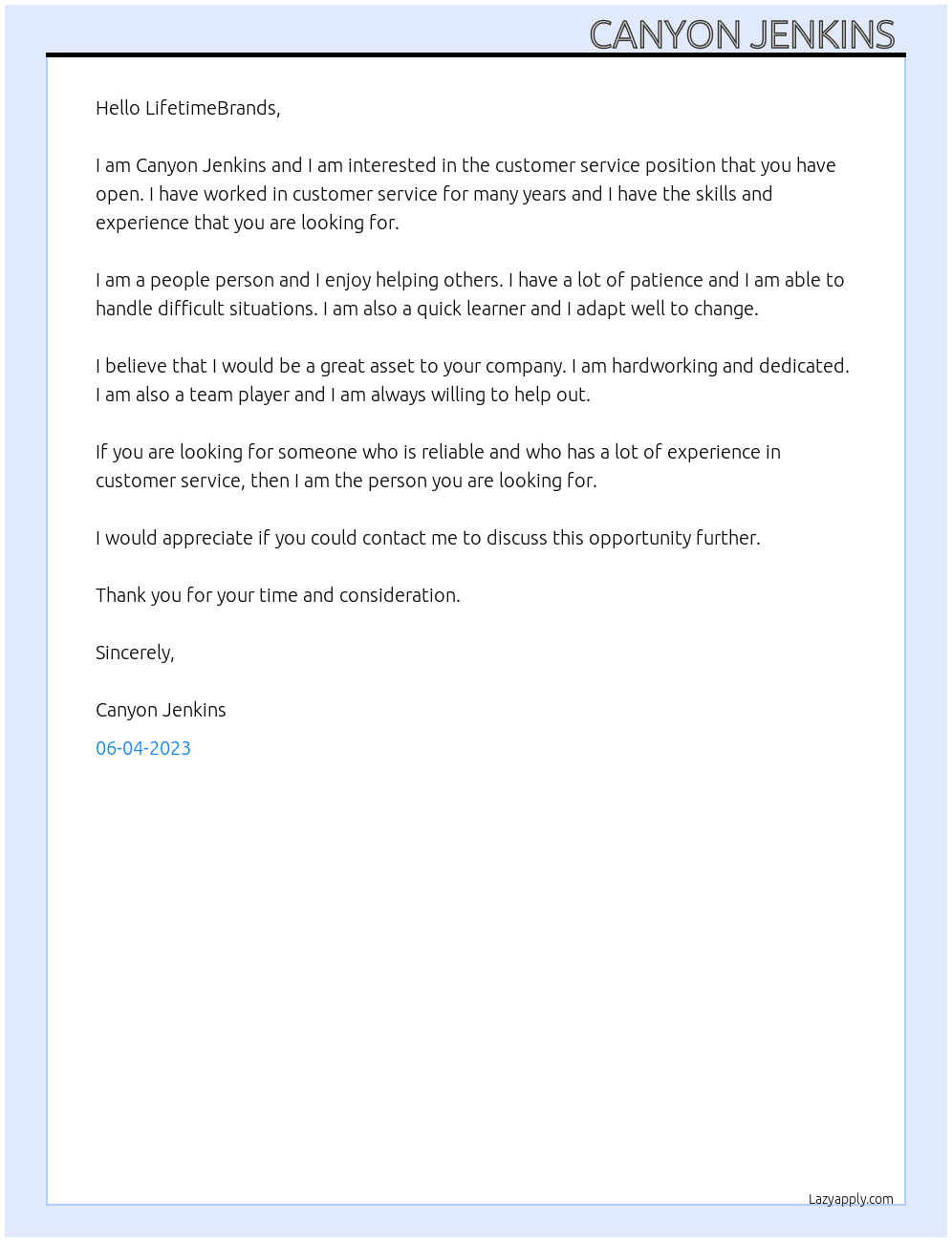 Customer Service At LifetimeBrands Cover Letter