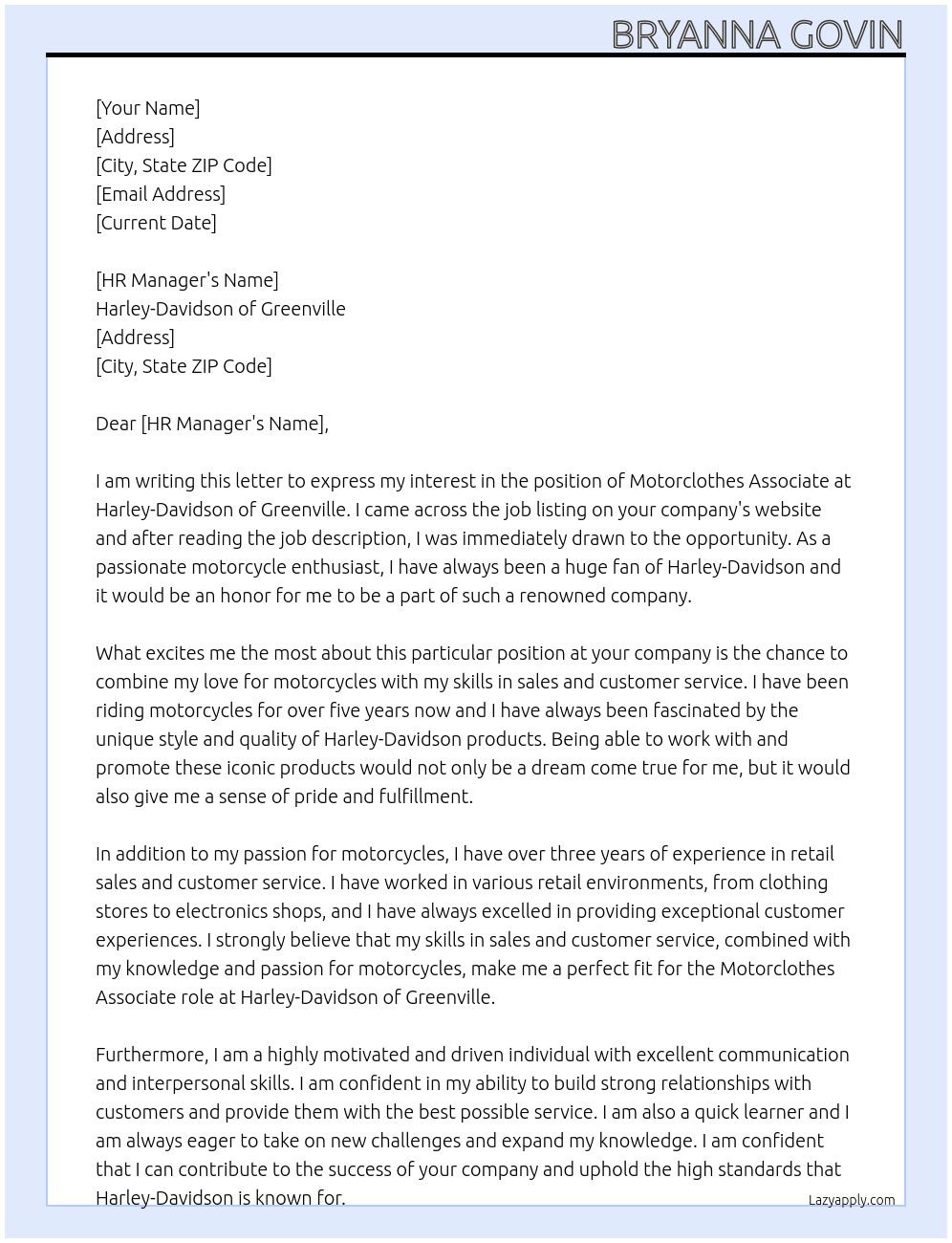 Motorclothes Associate At Harley-Davidson of Greenville Cover Letter