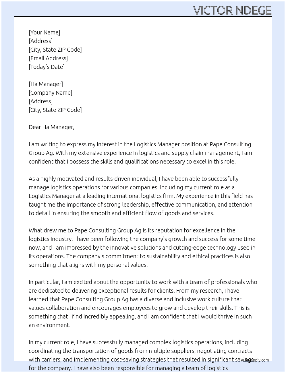 Logistics Manager At Pape Consulting Group Ag Cover Letter