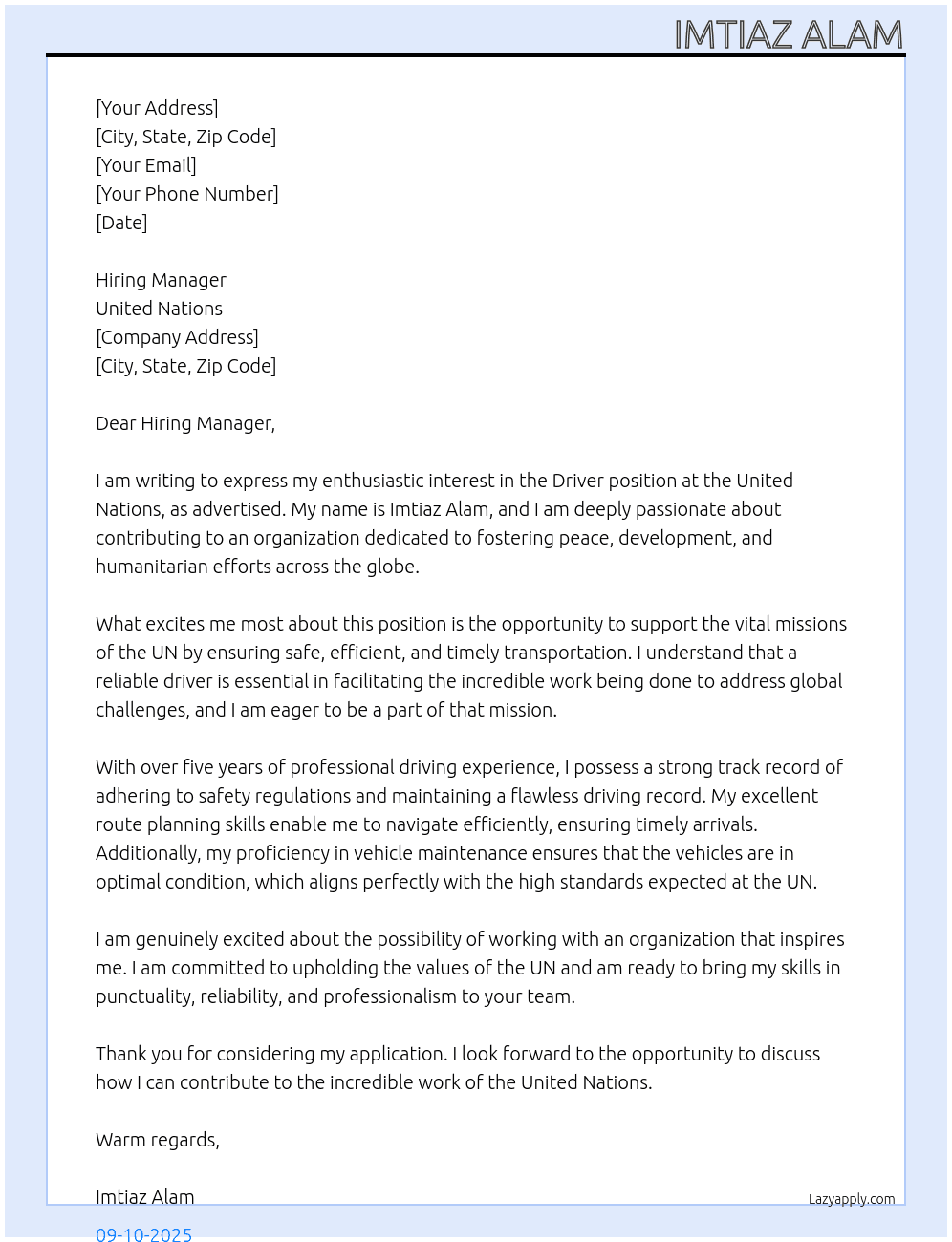 Driver At UN Cover Letter