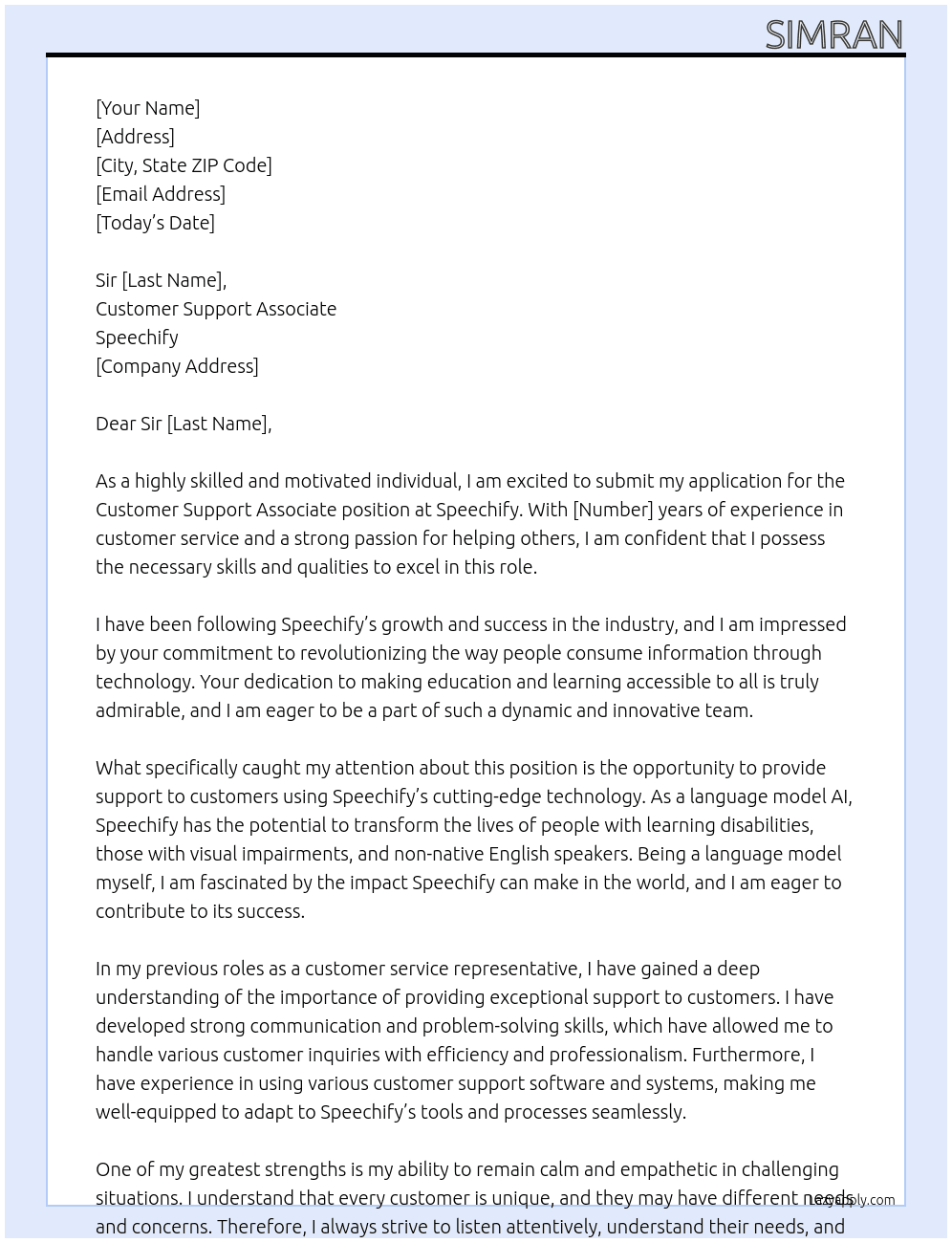 Customer support associate At Speechify Cover Letter