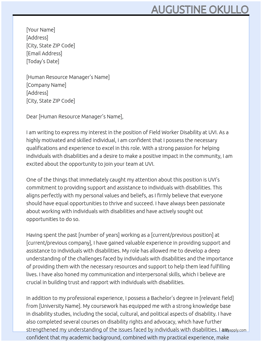 Field worker Disability At UVI Cover Letter