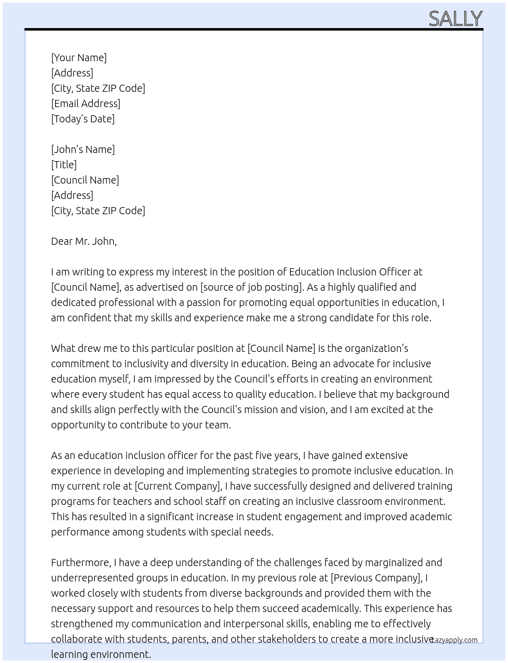 education inclusion officer At Coucil Cover Letter