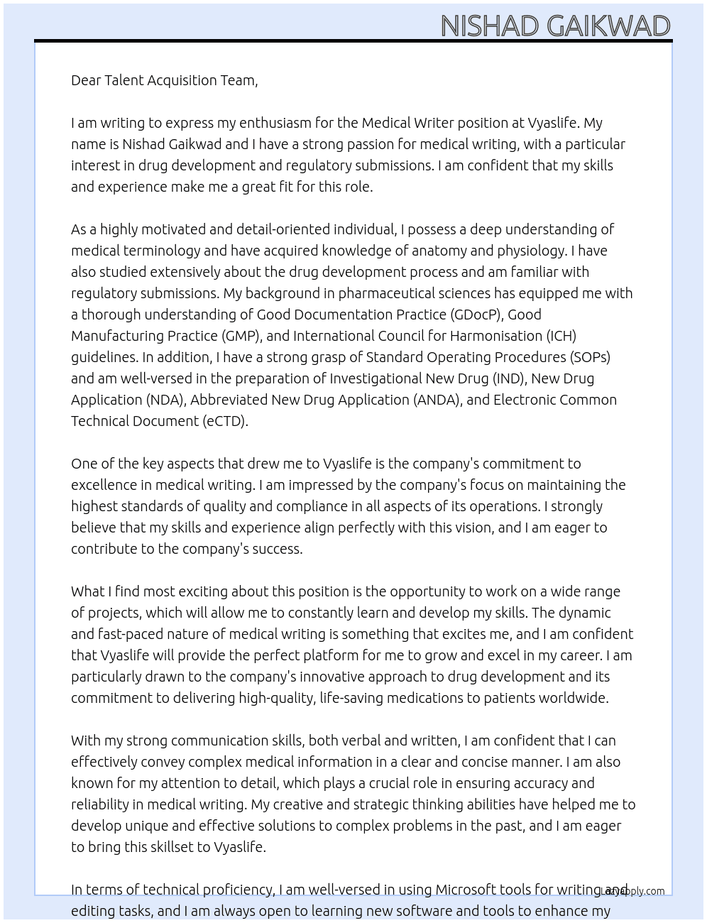 Medical Writer At Vyaslife Cover Letter