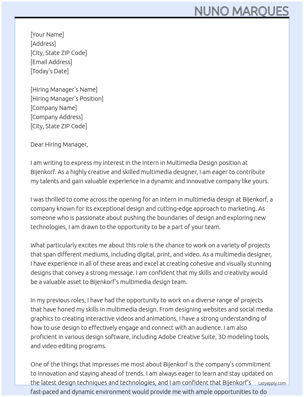 Intern in Multimedia Design At Bijenkorf  Cover Letter