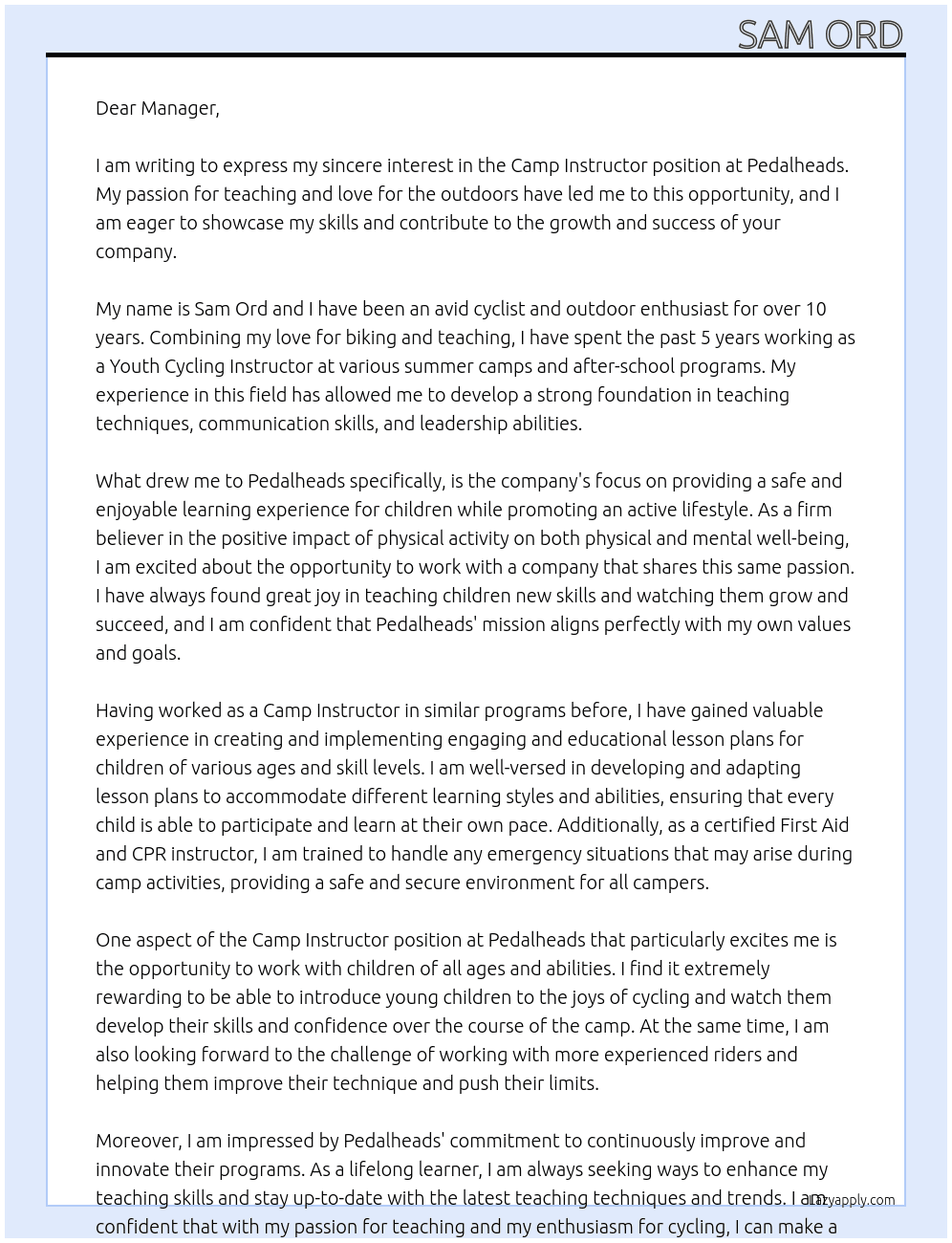 Camp Instructor At Pedalheads Cover Letter