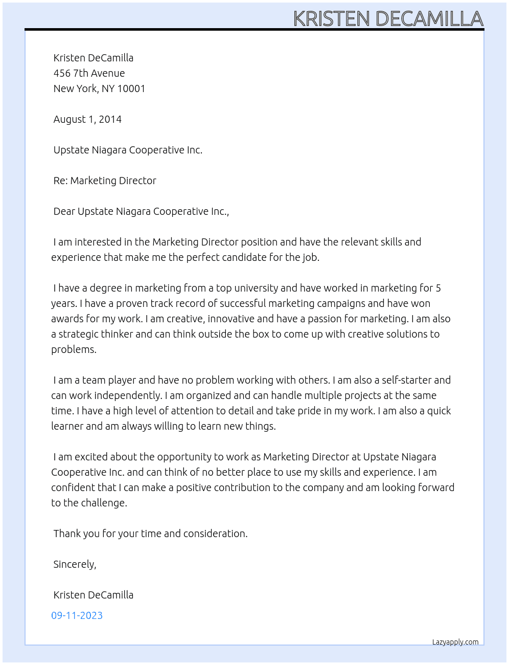 Marketing Director At Upstate Niagara Cooperative Inc. Cover Letter