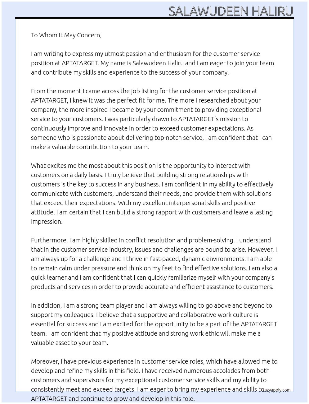 customer service At APTATARGET Cover Letter