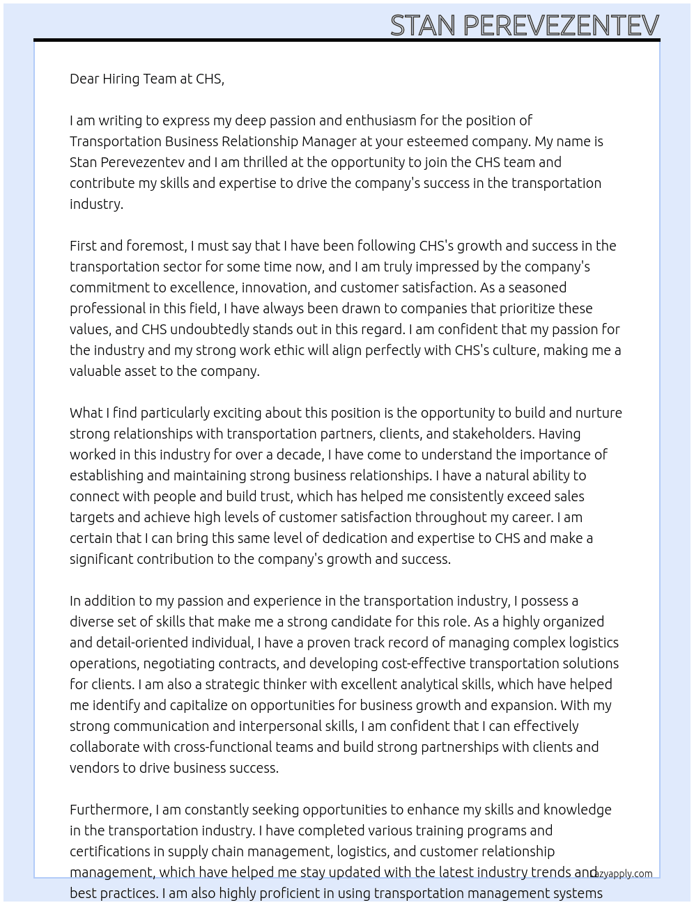 Transportation Business Relationship Manager At CHS Cover Letter