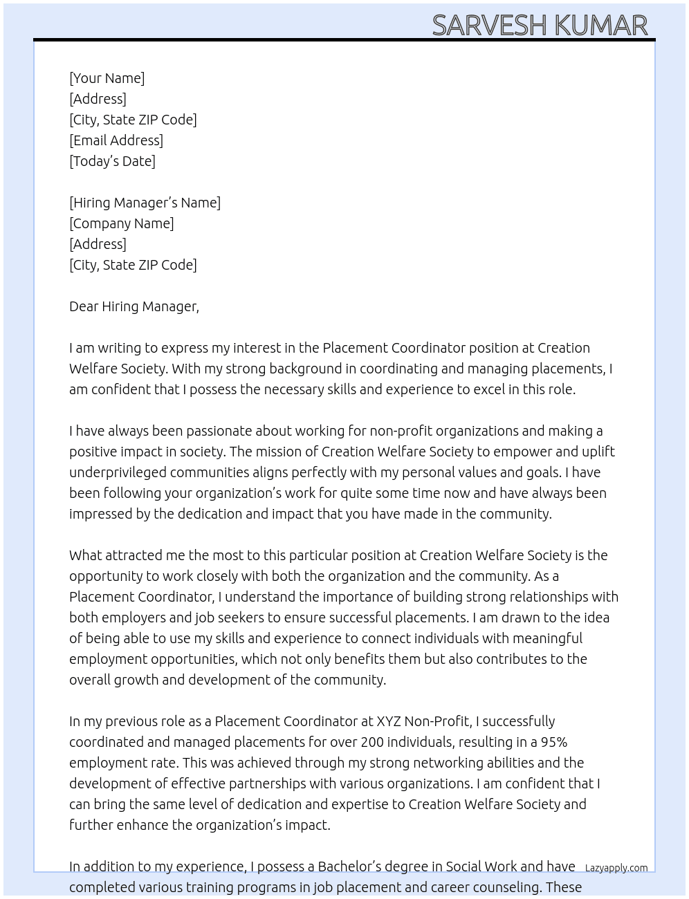 Placement Coordinator  At Creation Welfare Society  Cover Letter