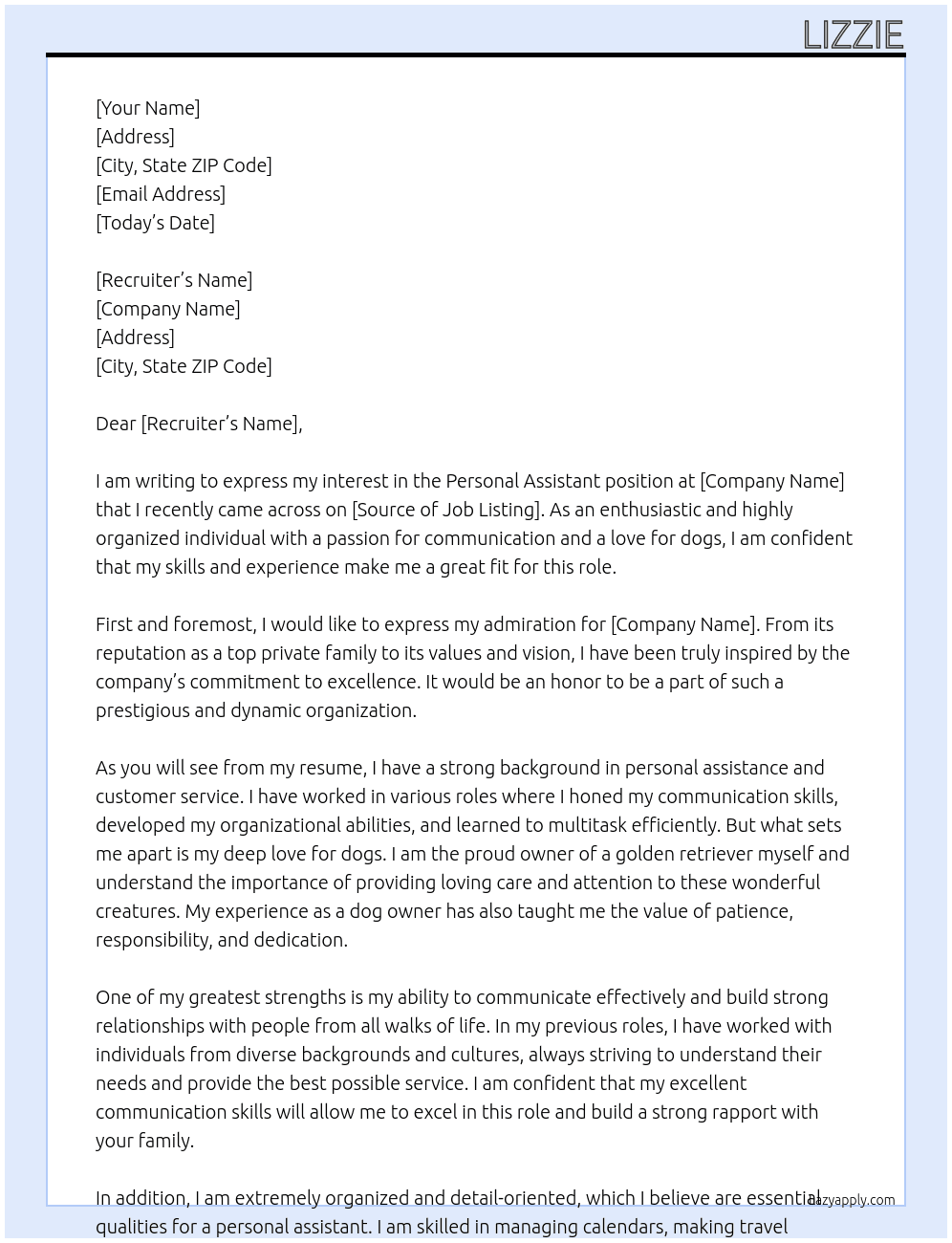 Personal assistant  At Private family  Cover Letter