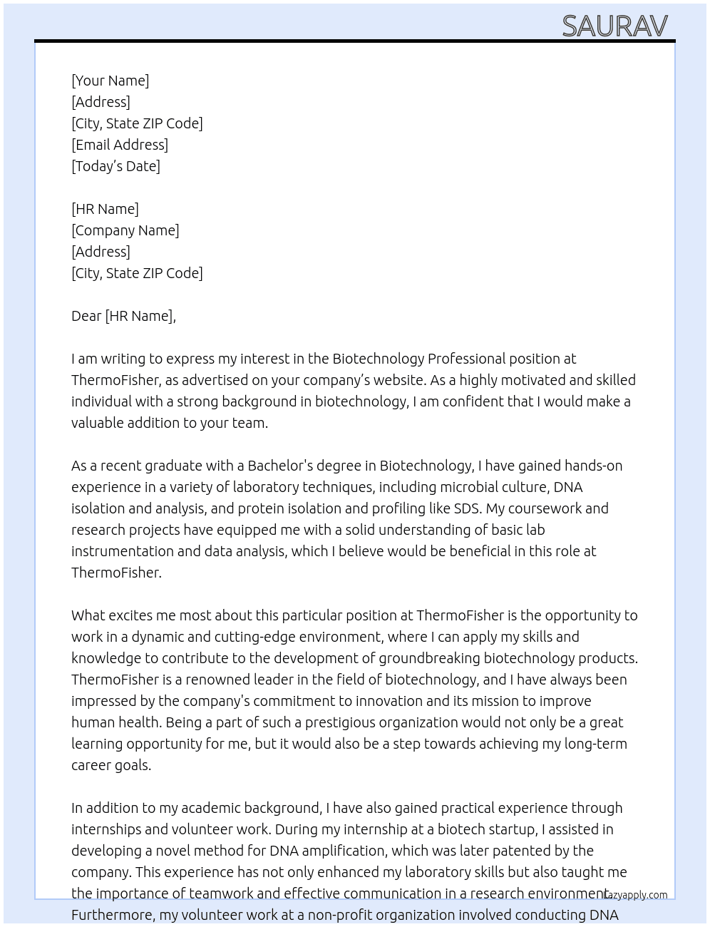 Biotechnology professional  At ThermoFisher  Cover Letter