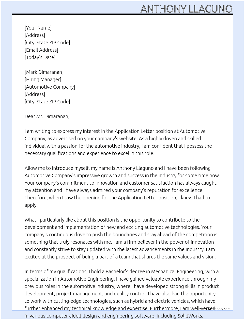 Application letter At automotive Cover Letter