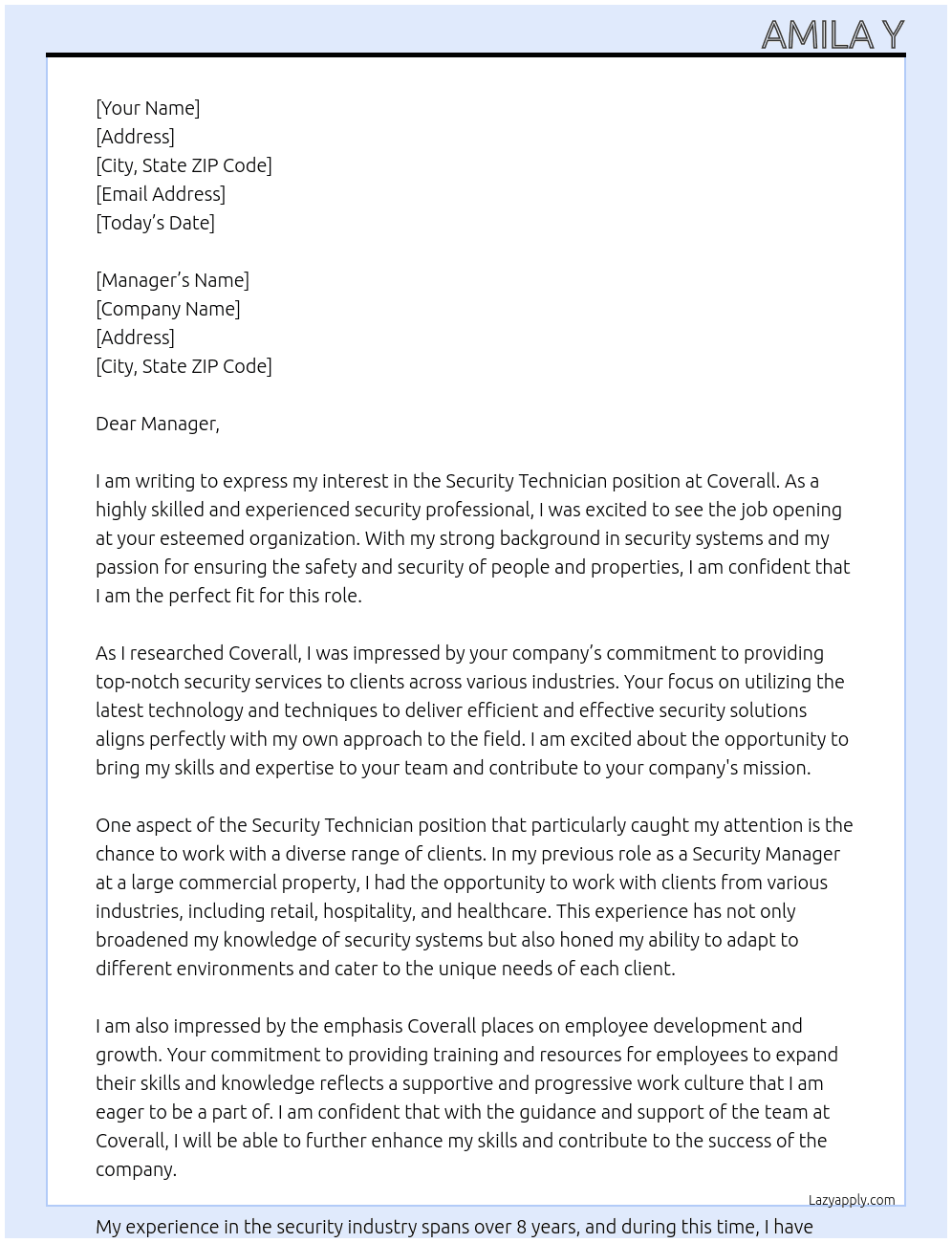 Security Technician At Coverall Cover Letter