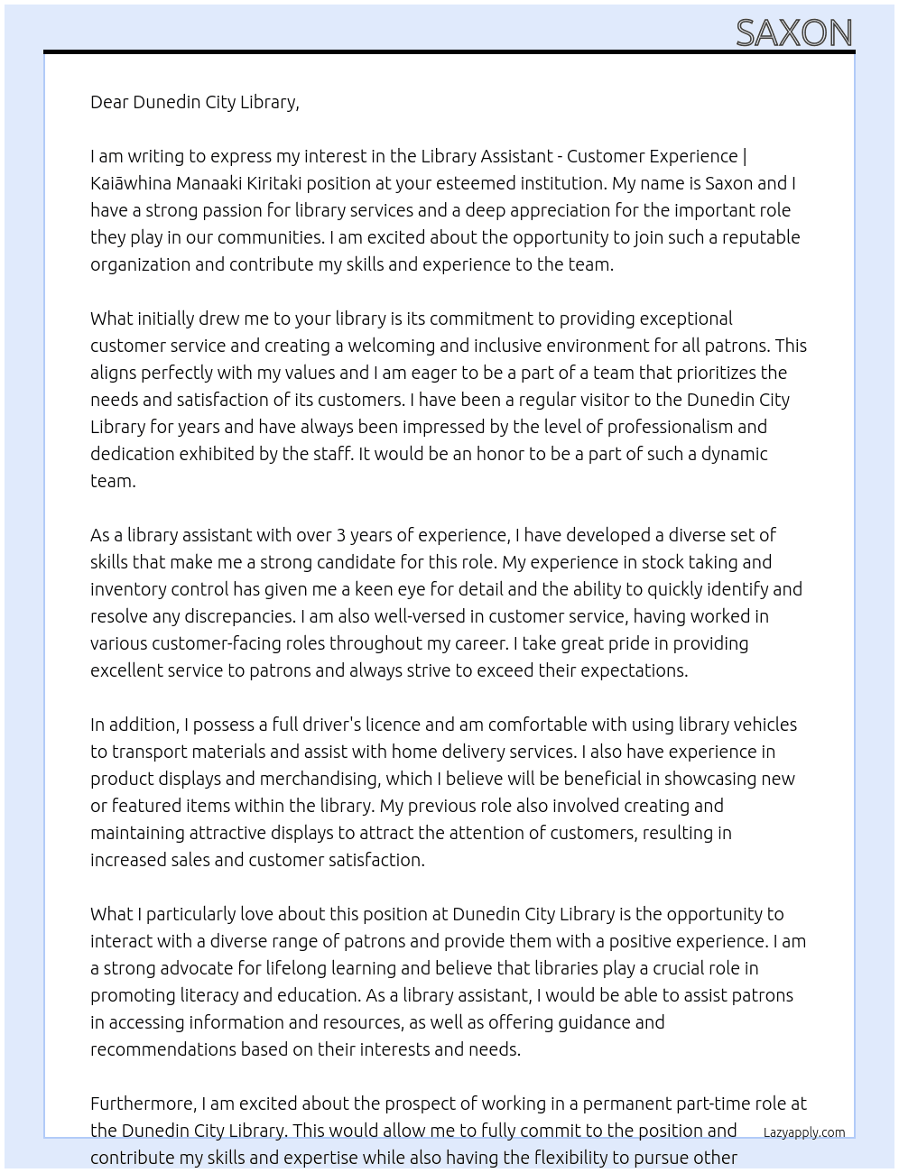 Library Assistant - Customer Experience | Kaiāwhina Manaaki Kiritaki At DUNEDIN CITY LIBRARY Cover Letter