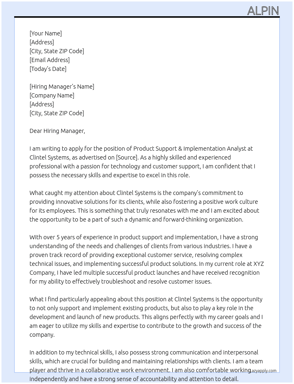 Product Support & Implementation Analyst At Clintel Systems Cover Letter