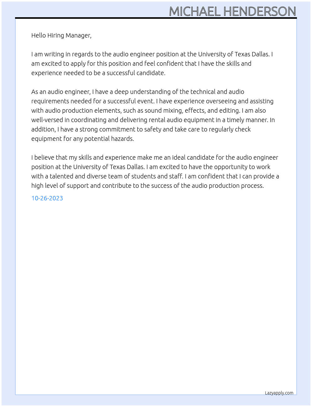 Audio Engineer At University of Texas Dallas Cover Letter