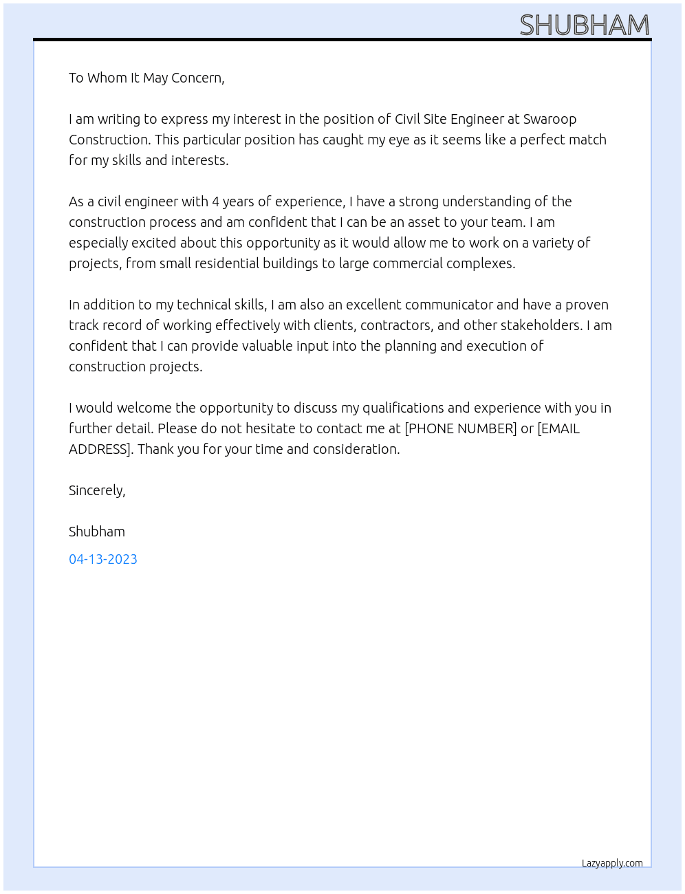 Civil site engineer  At Swaroop construction  Cover Letter
