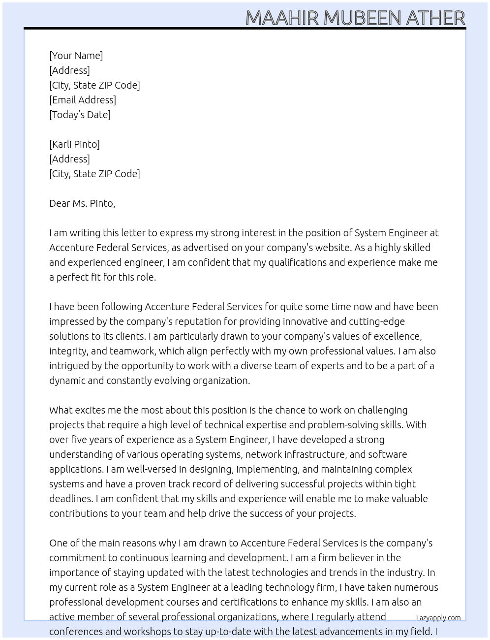 System Engineer At Accenture Federal Services Cover Letter