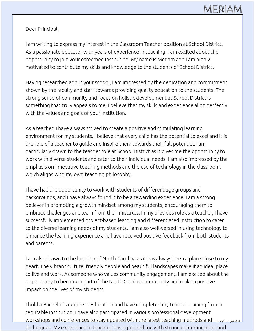 Classroom teacher At School District Cover Letter