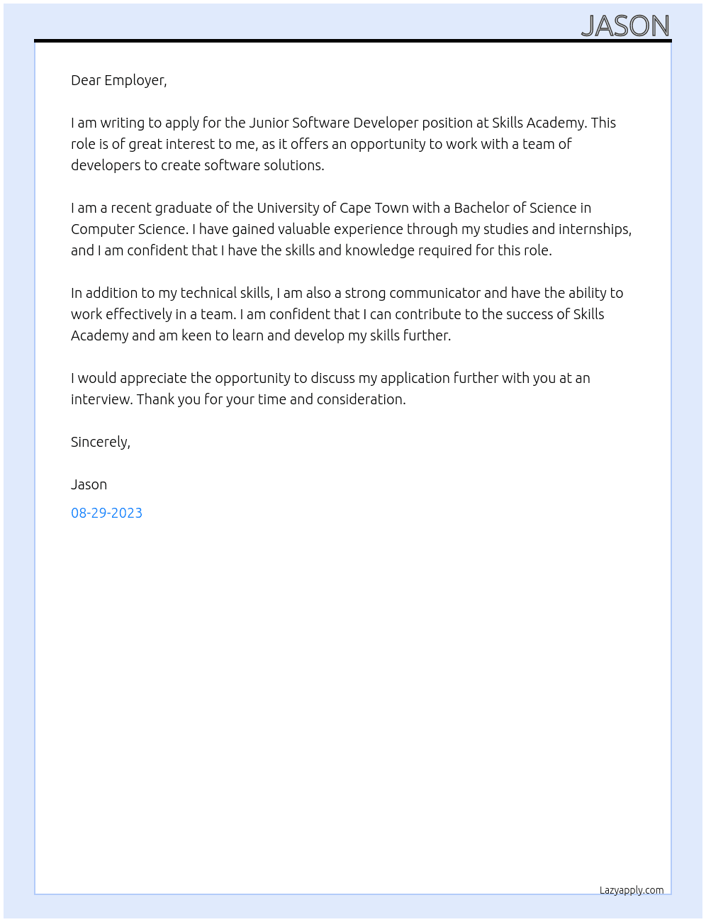 Junior Software Developer Position At Skills Academy Cover Letter