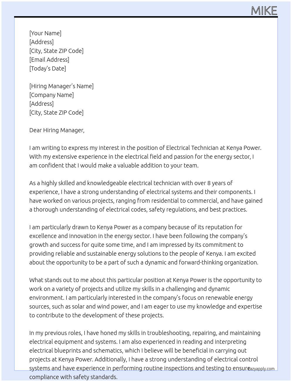 electrical technician At kenya power Cover Letter