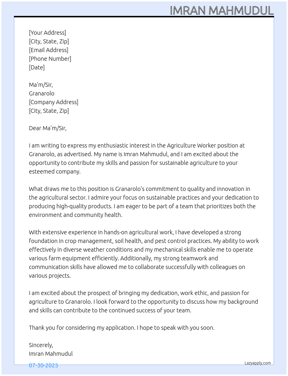 Agriculture Worker At Granarolo Cover Letter