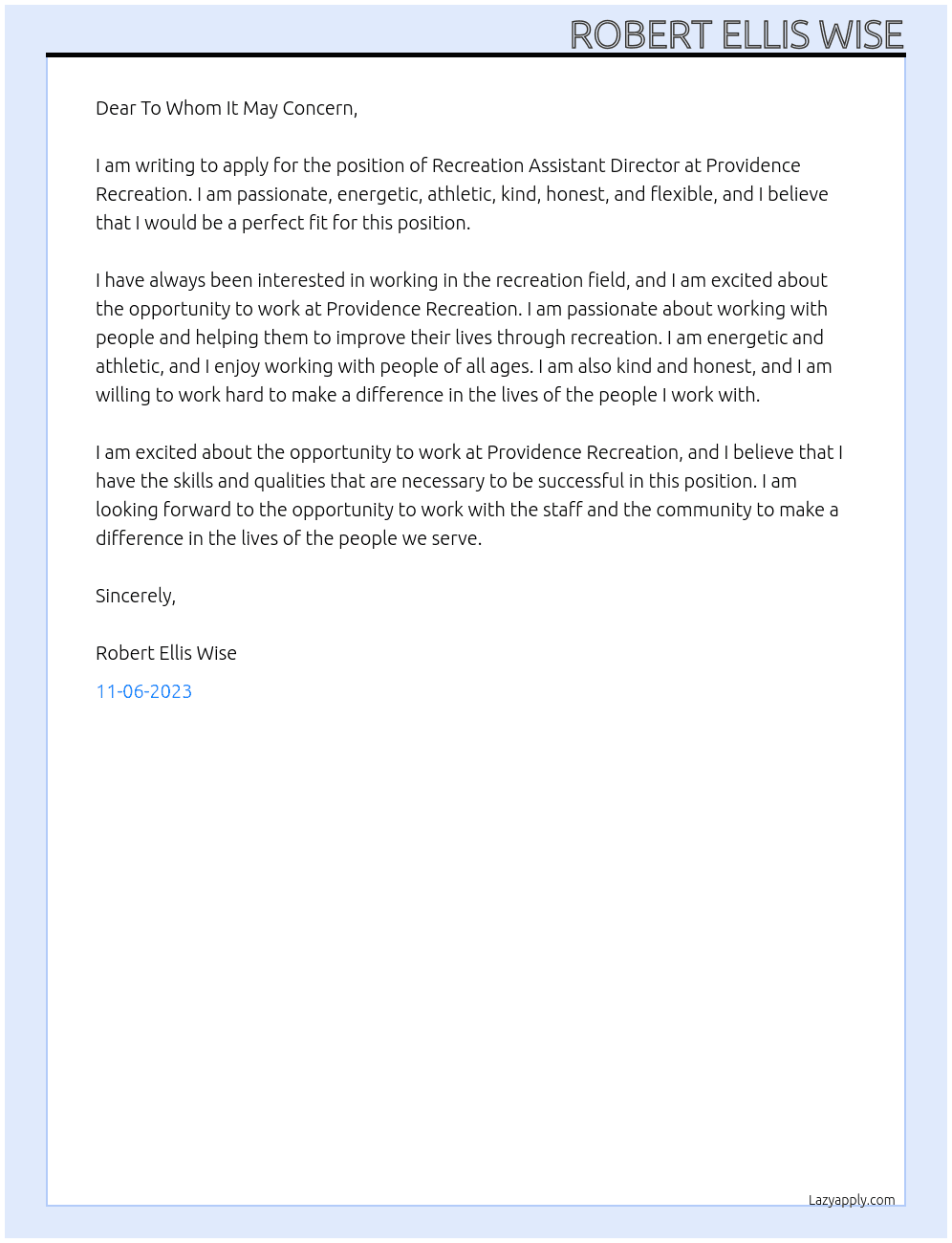 Recreation assistant director At Providence Recreation Cover Letter