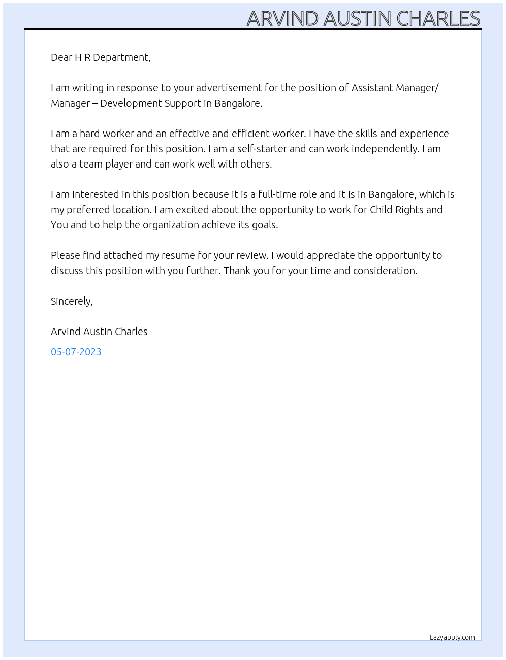 Assistant Manager/ Manager – Development Support (Bangalore) At Child Rights and You Cover Letter