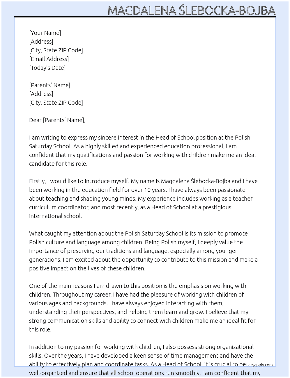 Head of school At Polish saturday school Cover Letter