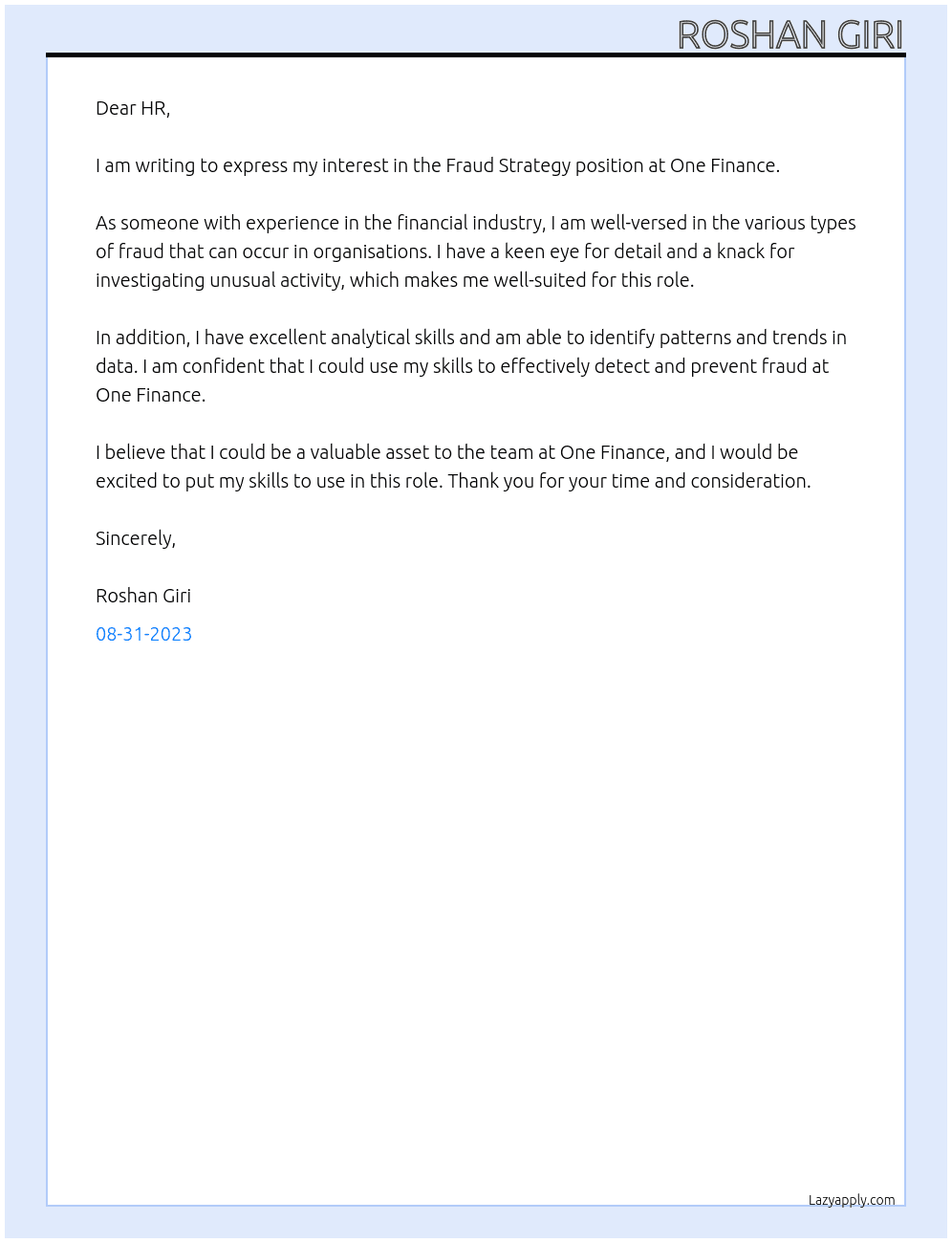 Fraud Strategy At One Finance Cover Letter