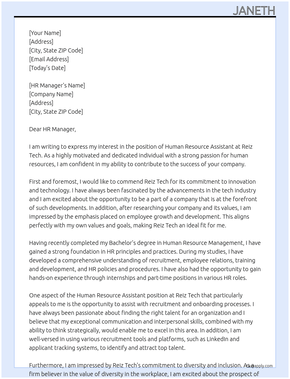Human resource assistant At Reiz Tech Cover Letter