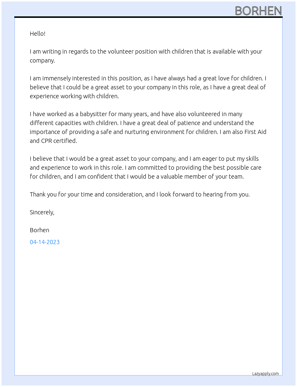 volunteer with childrens At jonkoping Cover Letter