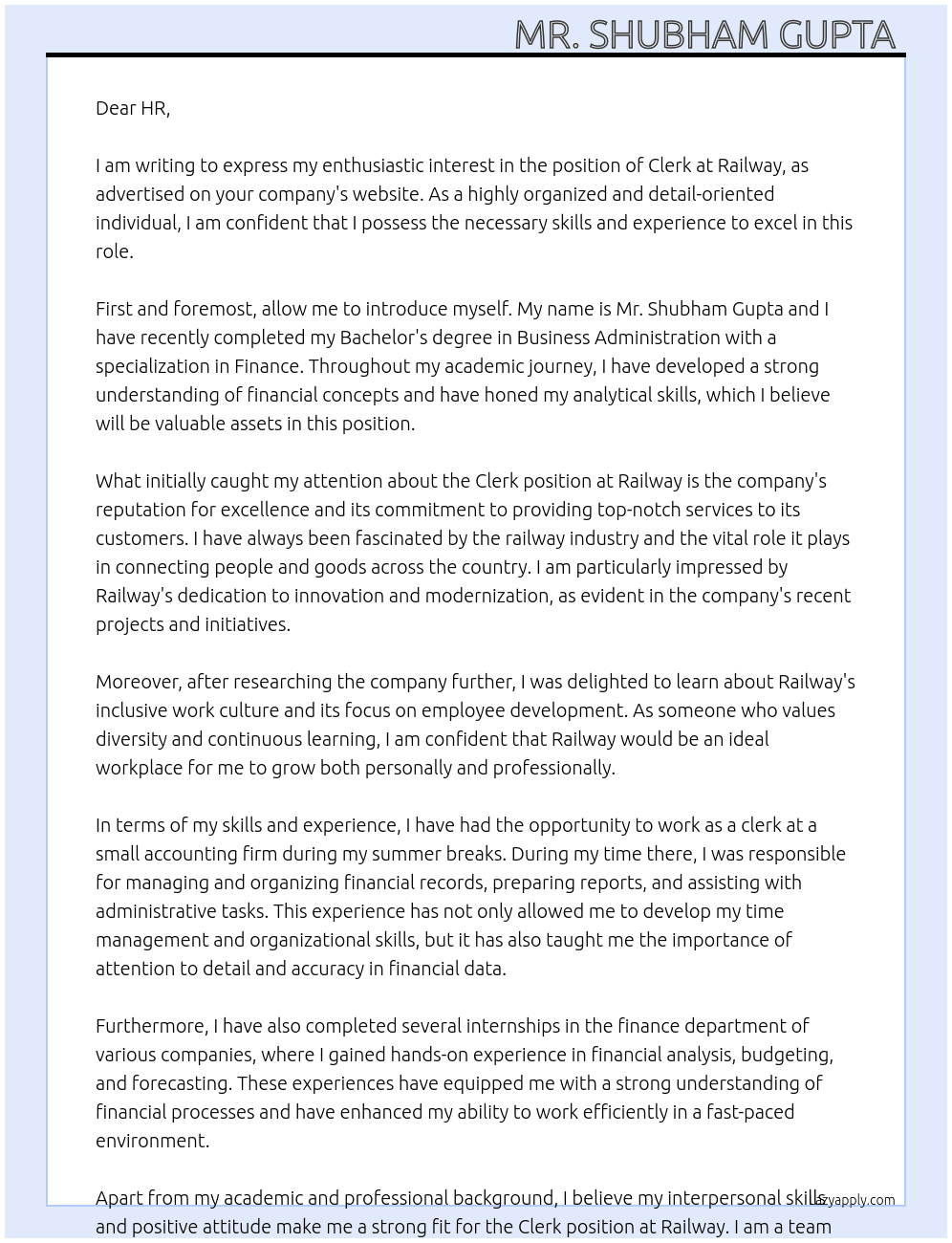 Clerk At Railway  Cover Letter