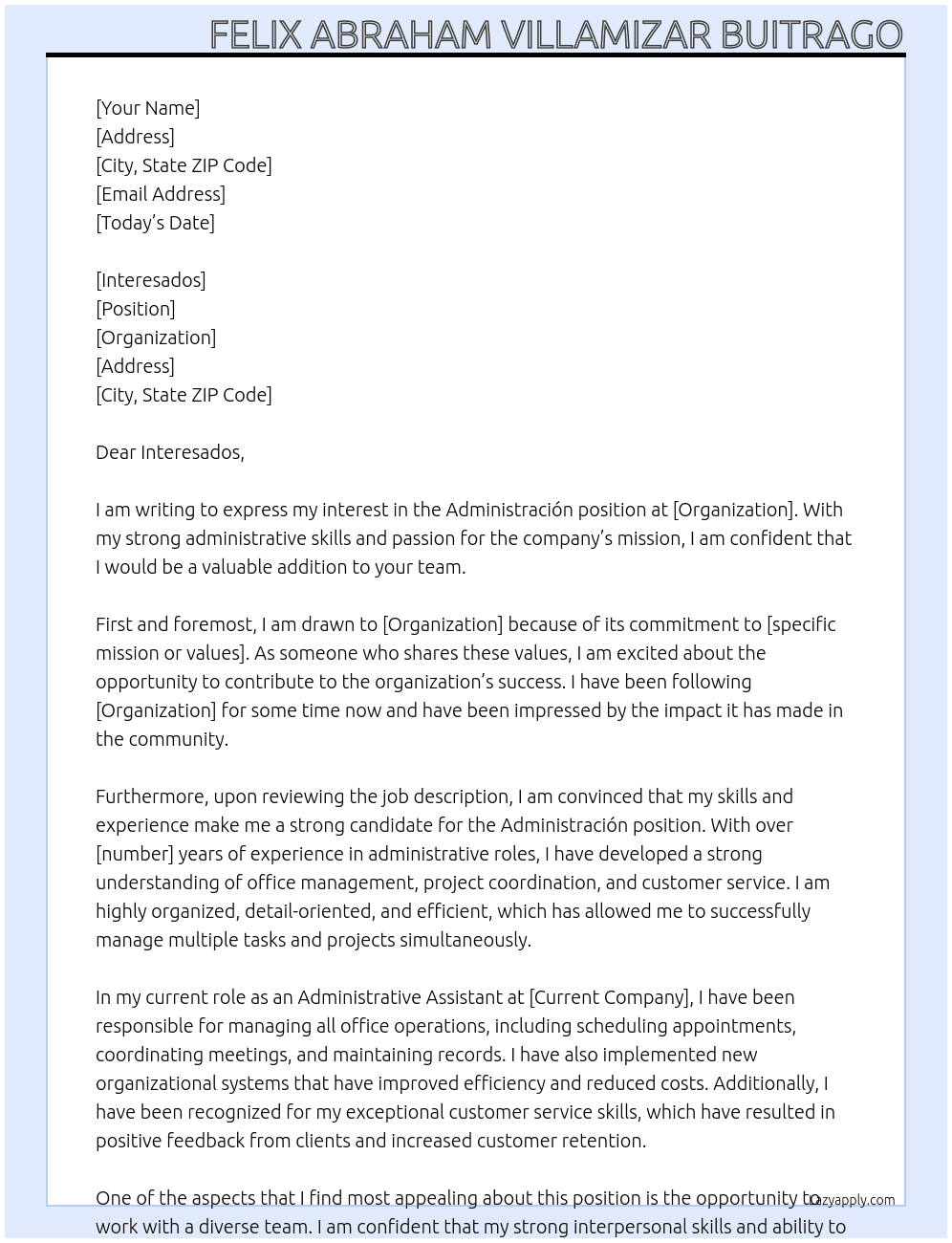 Administración  At Organizacion Cover Letter