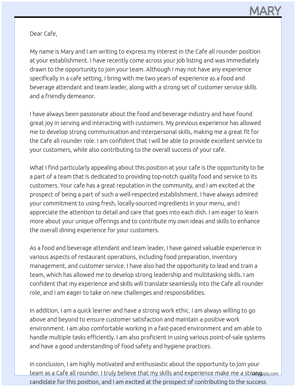 Cafe all rounder  At Cafe  Cover Letter