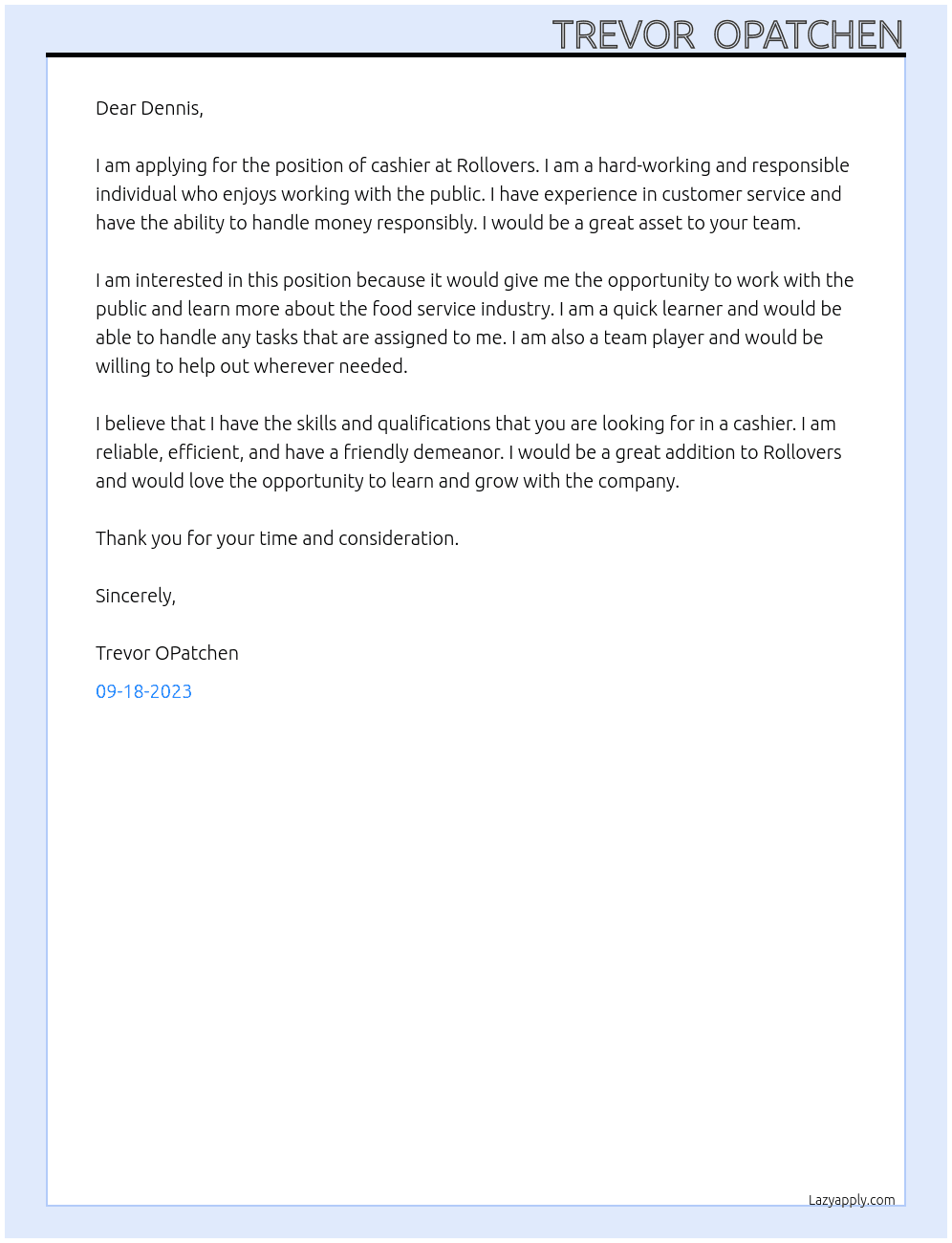 Cashier  At Rollovers  Cover Letter