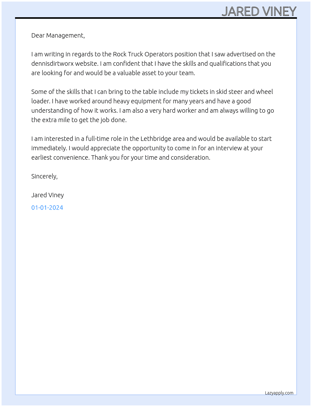 Rock Truck Operators At dennisdirtworx Cover Letter